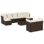 Braune 10-tlg. vidaXL Garten-Sofagarnitur aus Poly Rattan mit cremeweißen Kissen.