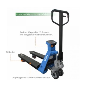 Blauer Gabelhubwagen GHWSCALE 2500 mit integrierter Digitalwaage. Hebt und wiegt präzise Lasten bis 2.5 t.