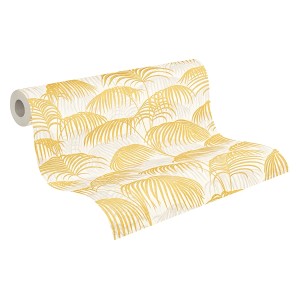 PROFHOME Textil-Tapete mit Palmenmuster in Gold, Gelb und Weiß. Dekorative Wandgestaltung für Wohnräume.