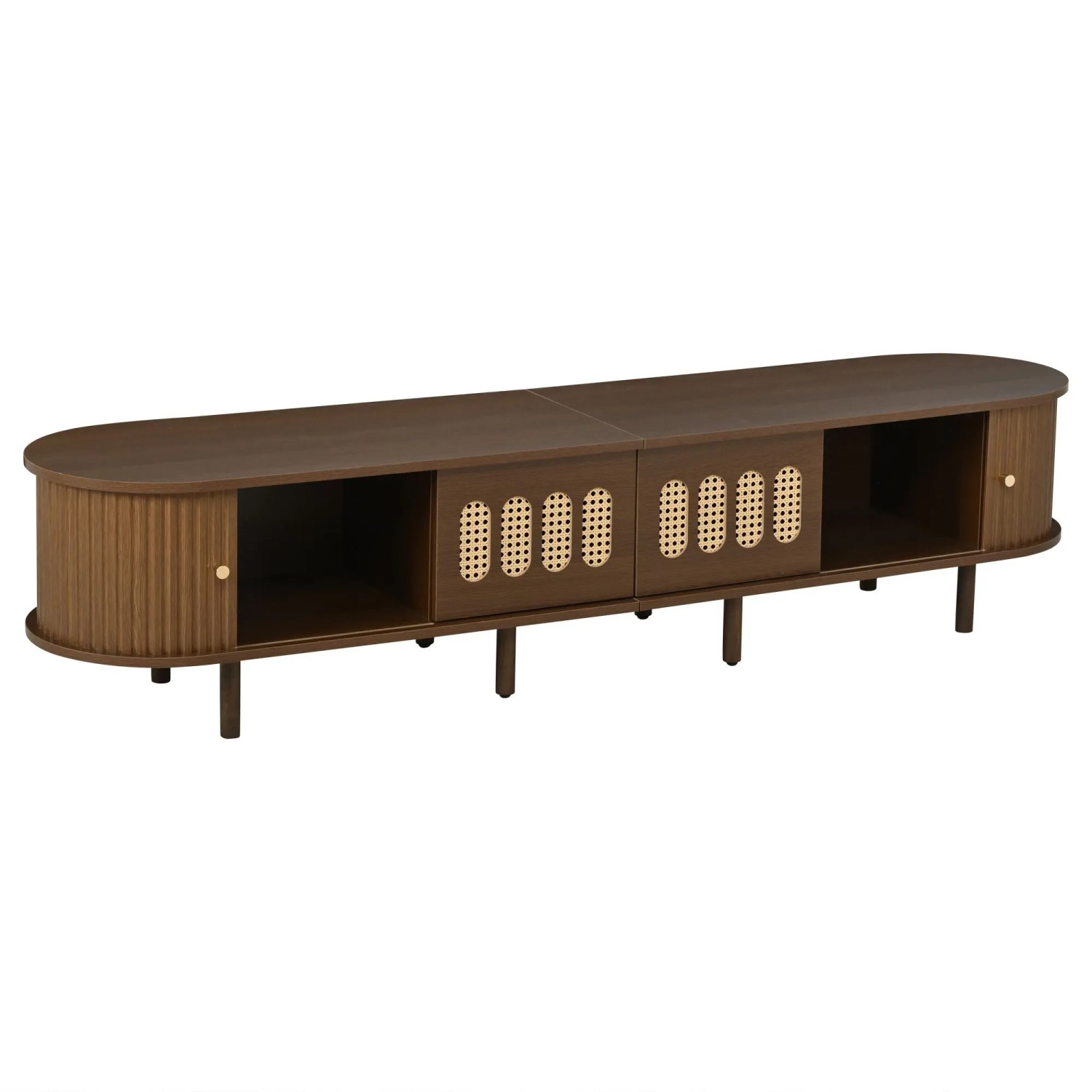 ModernLuxe TV Lowboard mit 1 Tür 2 Schubladen Rattan Design MDF Dunkles Nussbaum Braun