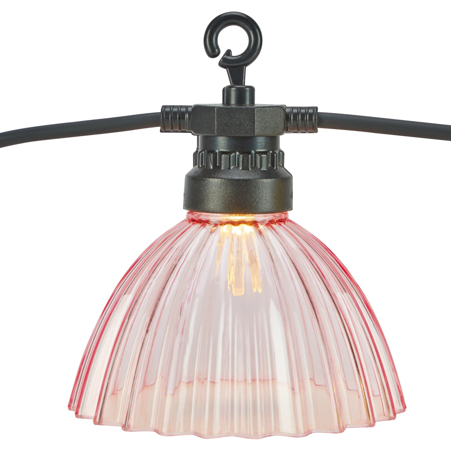 Detailaufnahme: Solar-LED-Lichterkette Zevio mit rosa Lampenschirm für stimmungsvolle Deko.