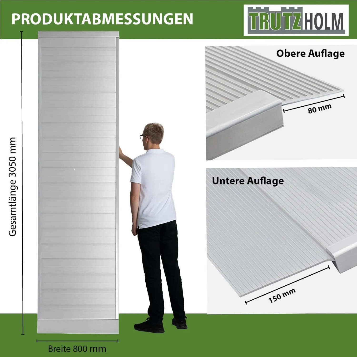 TRUTZHOLM Breitrampe 305x80 cm aus geriffeltem Aluminium, grau, mit Maßangaben und Detailansichten der Auflagen.