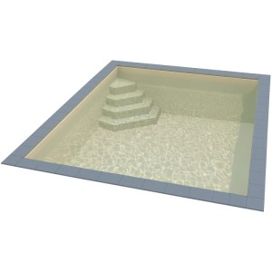 Sandfarbener Styropor Pool Easy 8x4x1,5m mit Ecktreppe links, gefüllt mit Wasser.