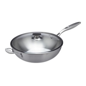 Relaxdays Wokpfanne Edelstahl Silber mit Glasdeckel 16 cm x 60 cm x 32 cm 2,4 kg