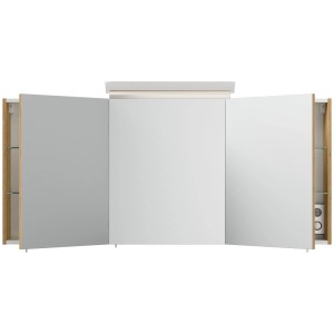 Posseik Spiegelschrank 140 cm Eiche Gold mit 3 Spiegeltüren, LED-Lampe, Glasböden und Steckdose.