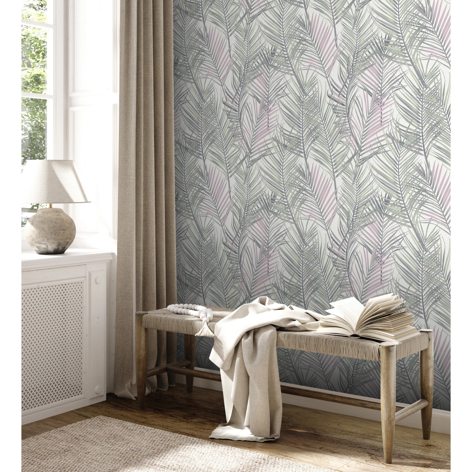 A.S. Création Vliestapete Dschungel Grau Grün mit Palmenmuster im Wohnraum.