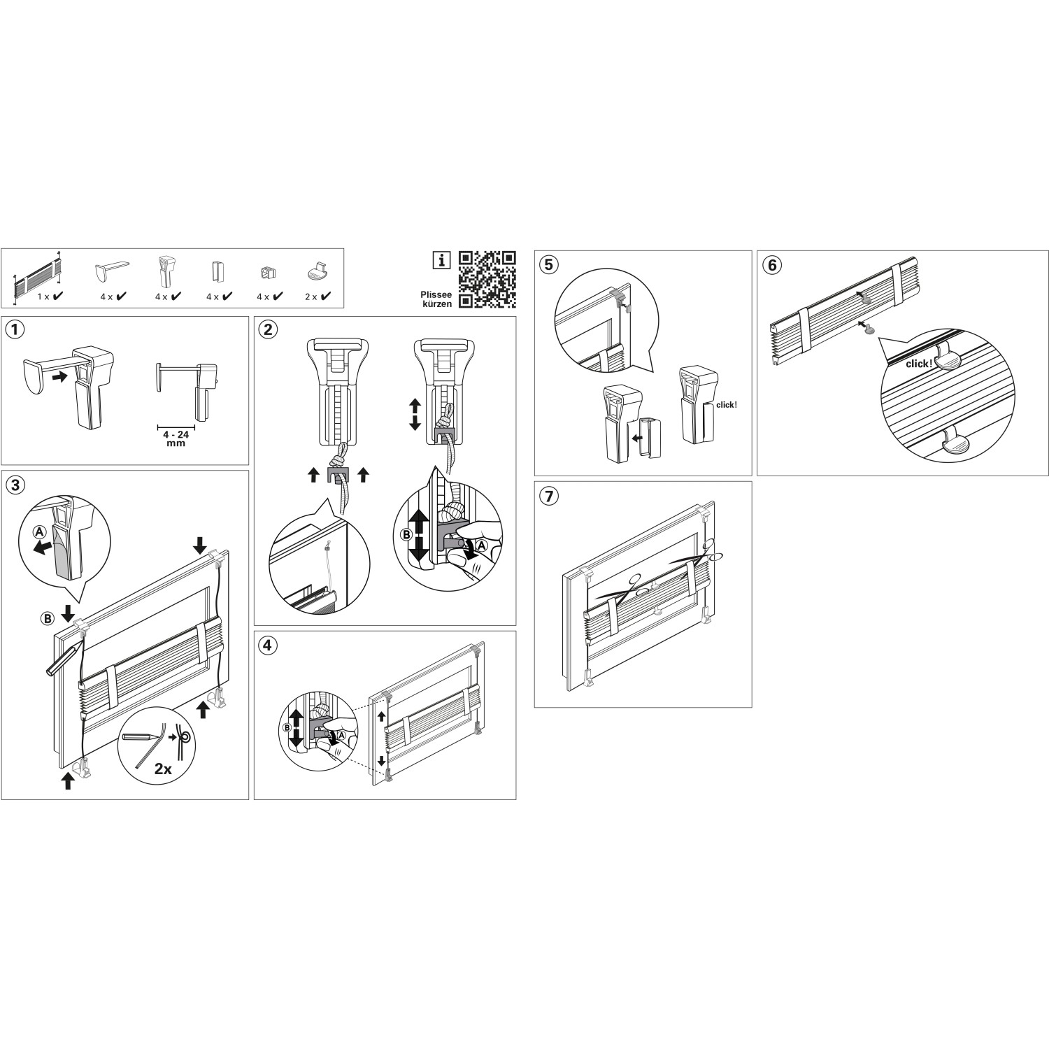 Montageanleitung für Gardinia Easy Fix Plissee Greta in Perlmuttrosa, verspannt, 50x130 cm.