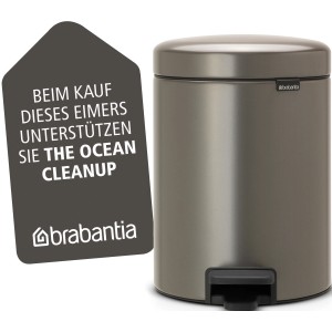 Brabantia Treteimer NewIcon 5L in Platinum, runder Mülleimer mit Pedal und Ocean Cleanup Hinweis.