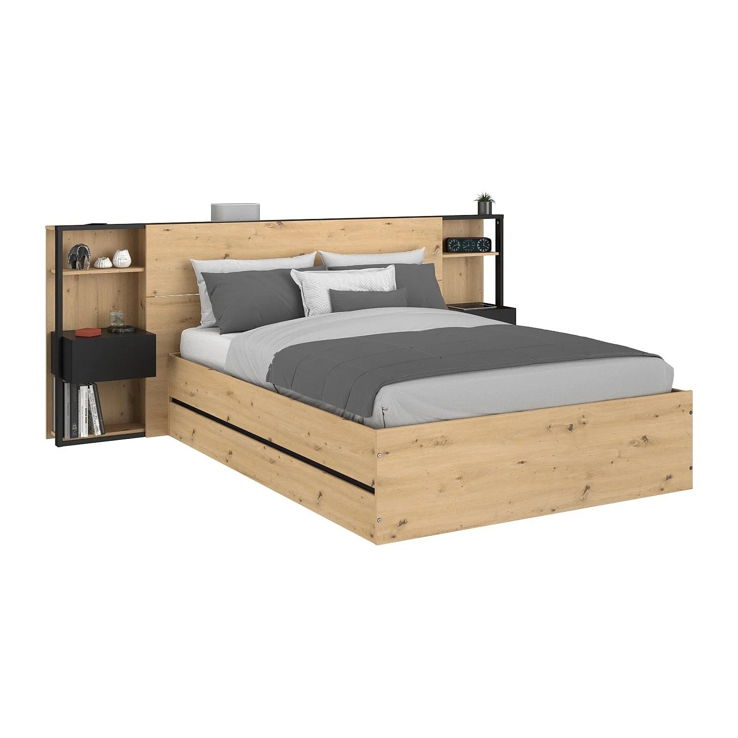 Vente-unique Bett Mit Bettkasten Ludaro Schwarz  Naturfarben Hell 255.1 cm