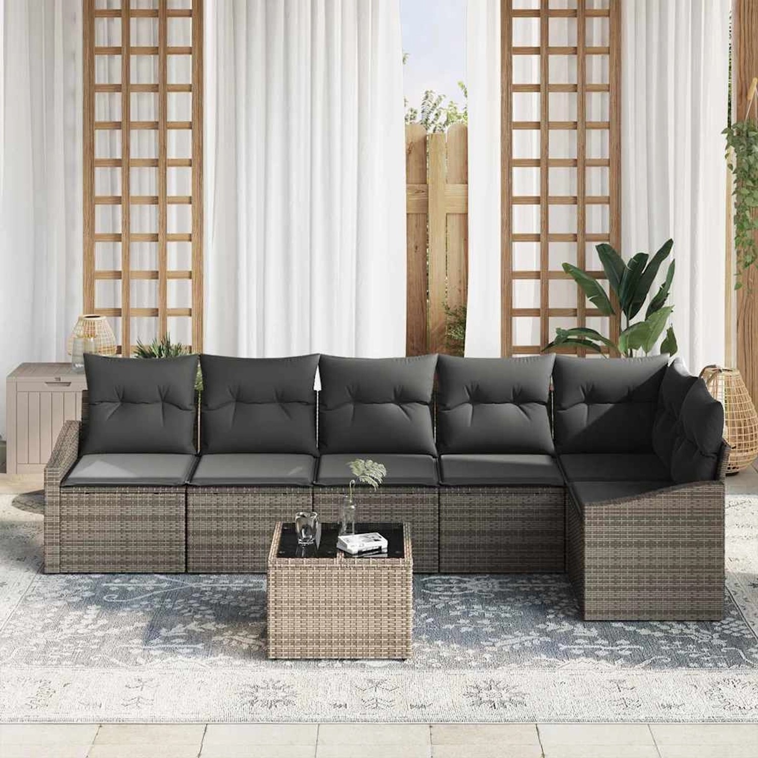 Graues 7-teiliges vidaXL Garten-Sofa-Set aus Polyrattan mit Tisch.