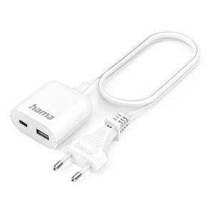 Weißes USB-Netzteil mit USB-A und USB-C Anschluss und 1,9m Kabel von Hama.