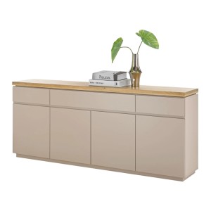Modernes, warmgraues Sideboard Previn mit Akazienholz-Platte, 200x86x40 cm. Viel Stauraum für Wohnzimmer.