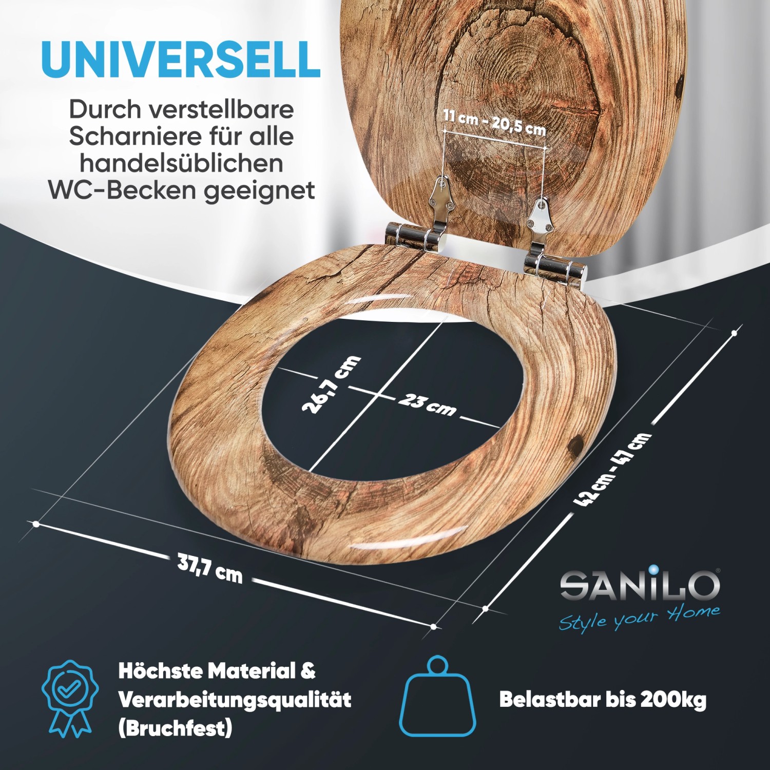 Sanilo WC-Sitz Rustikal mit Absenkautomatik, Holz-Toilettendeckel mit Baumscheiben-Optik.