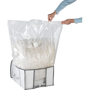 Wenko Vakuum Soft Box S, weiße Textilbox mit Vakuumbeutel zur platzsparenden Aufbewahrung.