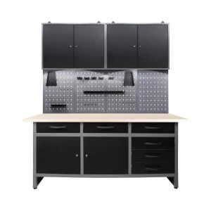 Ondis24 Werkstatt Set Karsten, 160 cm, mit Schränken, LED und Lochwand für Werkzeug.