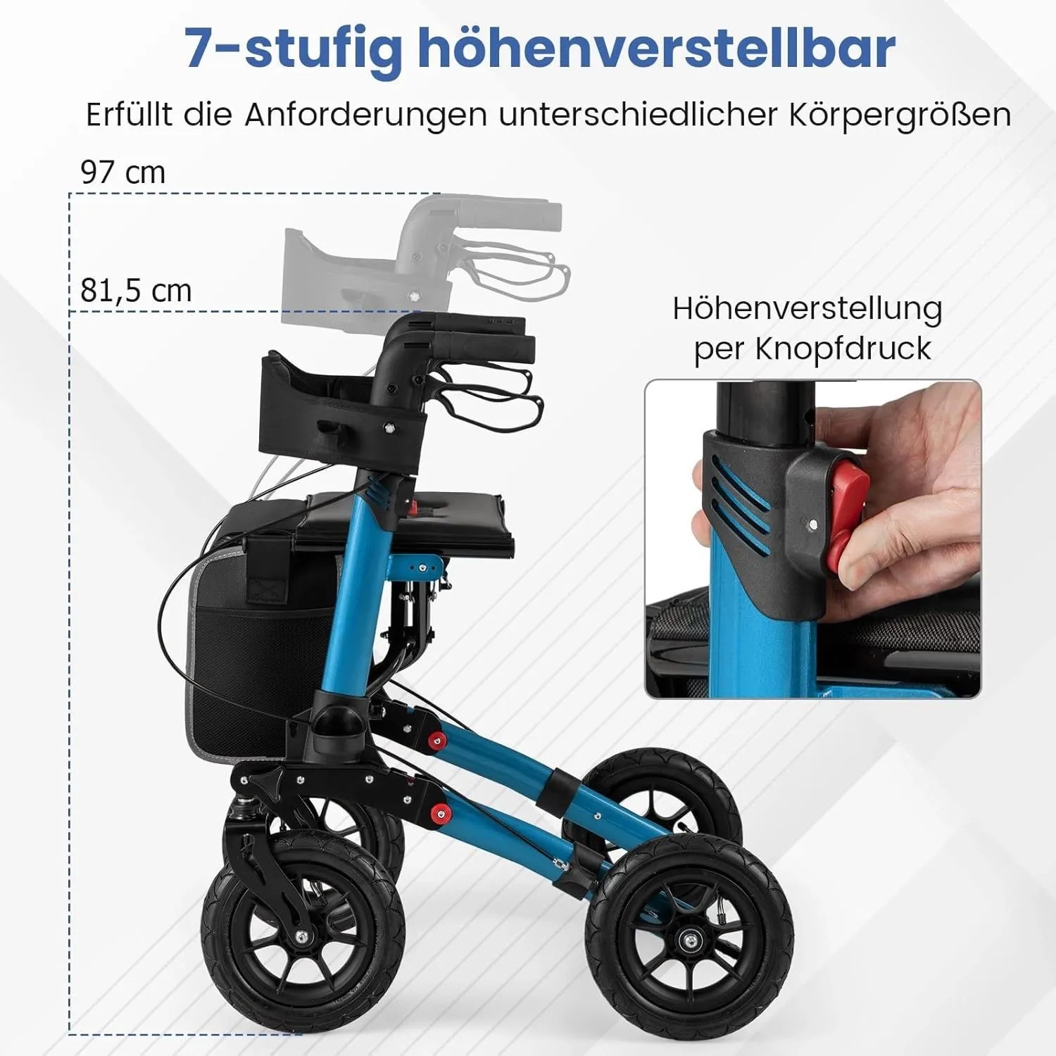 Blauer Costway Rollator, 7-fach höhenverstellbar (81,5-97 cm), mit Luftbereifung und Knopfdruck-Verstellung.
