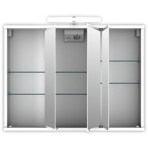 Weißer Jokey Spiegelschrank Viona, 80 cm breit, mit drei Türen, Innenansicht mit Glasböden.