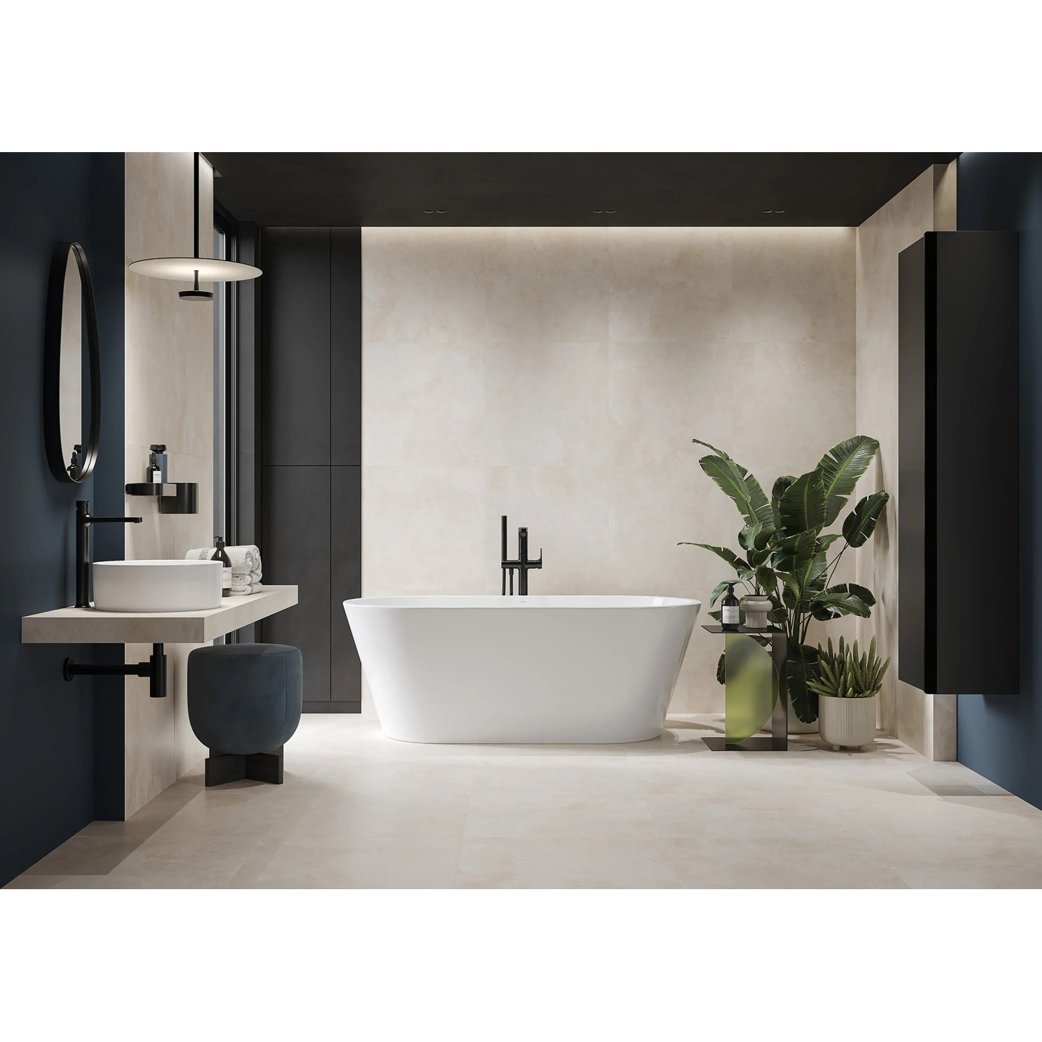 Beige Feinsteinzeug Bodenfliese Ushley, matte Oberfläche, verlegt im modernen Badezimmer.