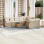 Beige 10-tlg. Garten-Sofagarnitur aus Rattan mit cremeweißen Kissen und Tisch. Gartenmöbel für Terrasse und Garten.