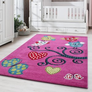 Ayyildiz Kinderteppich Kids 420 Violett mit Eulen, Herzen und Schmetterlingen.