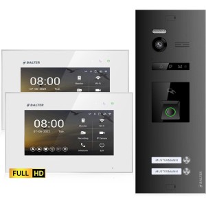 Balter EVO-HD Video-Türsprechanlage mit Fingerprint für Zweifamilienhaus, bestehend aus 2 Monitoren und einer Türstation.