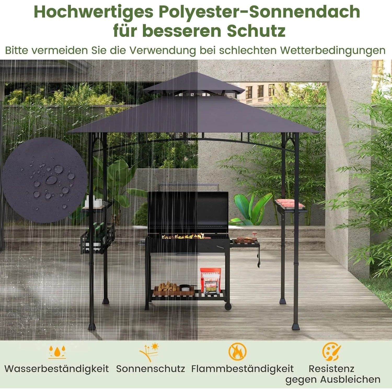 Costway Grillpavillon mit Doppeldach Seitenregalen Flaschenöffner Dunkelgrau_6