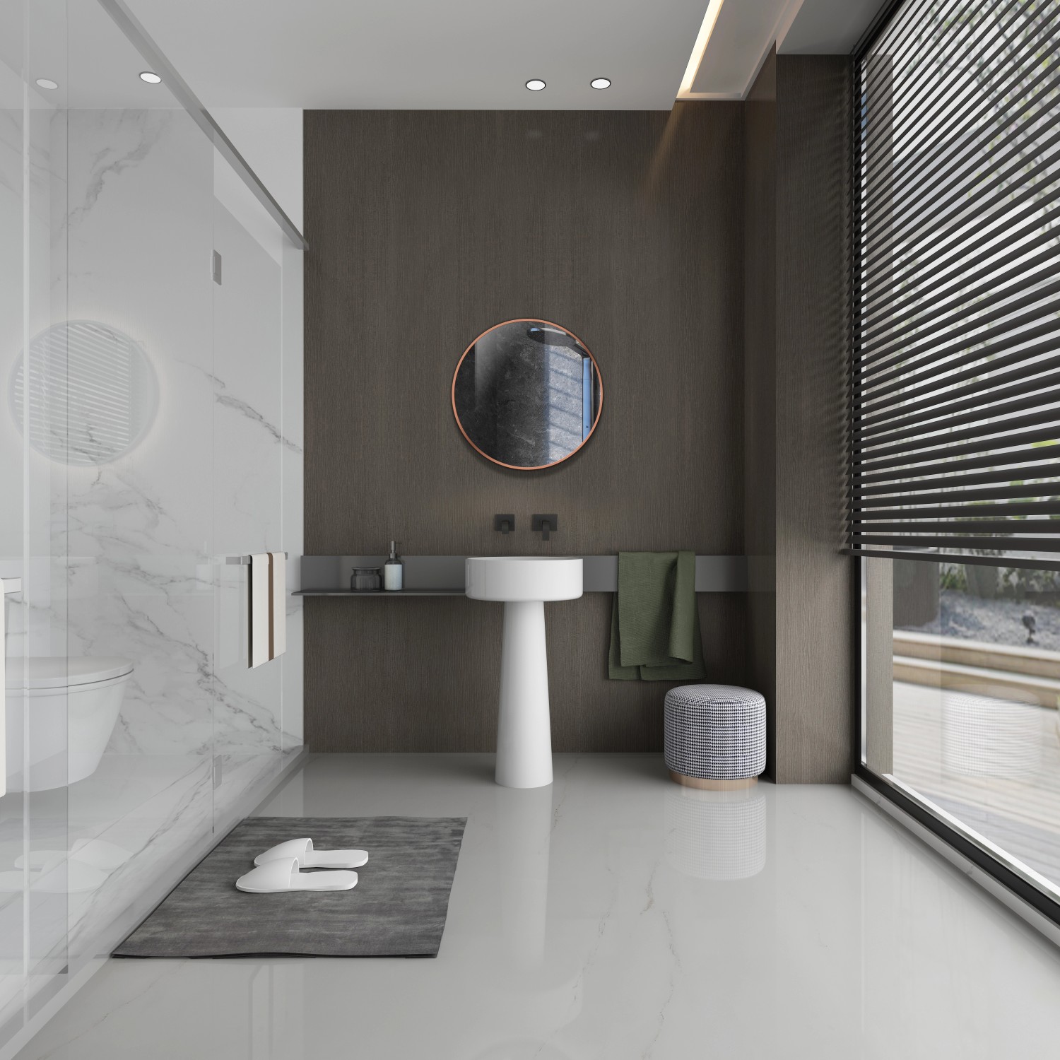 Runder DSK Design Wandspiegel Copper Excellent, Ø 60 cm, kupferfarben im modernen Badezimmer.