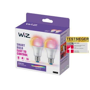 WiZ LED-Lampe E27, 8,5W, 2er-Pack. Smarte Glühbirnen mit Farbwechsel für stimmungsvolle Beleuchtung.