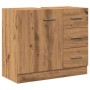 Waschbeckenschrank Artisan-Eiche mit 1 Tür und 3 Schubladen. Badmöbel aus Holzwerkstoff für Stauraum.