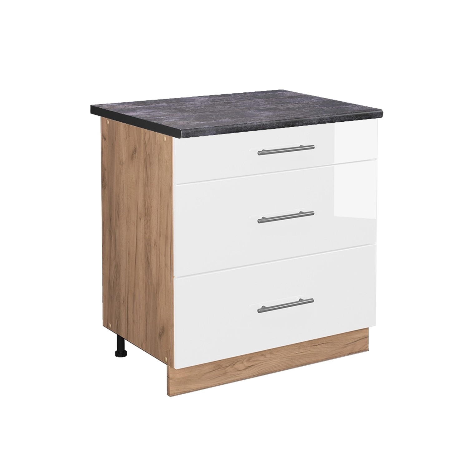 Vicco Küchenunterschrank Fame-Line Weiß Hochglanz/Goldkraft Eiche 80 cm mit 3 Schubladen AP Anthrazit