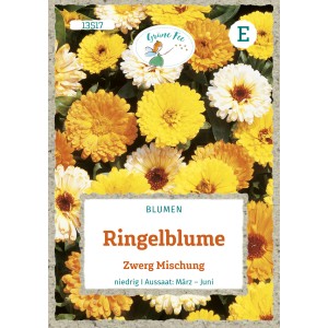 Saatgutpackung Grüne Fee Ringelblume Zwerg Mischung mit gelben, orangen und weißen Blüten.