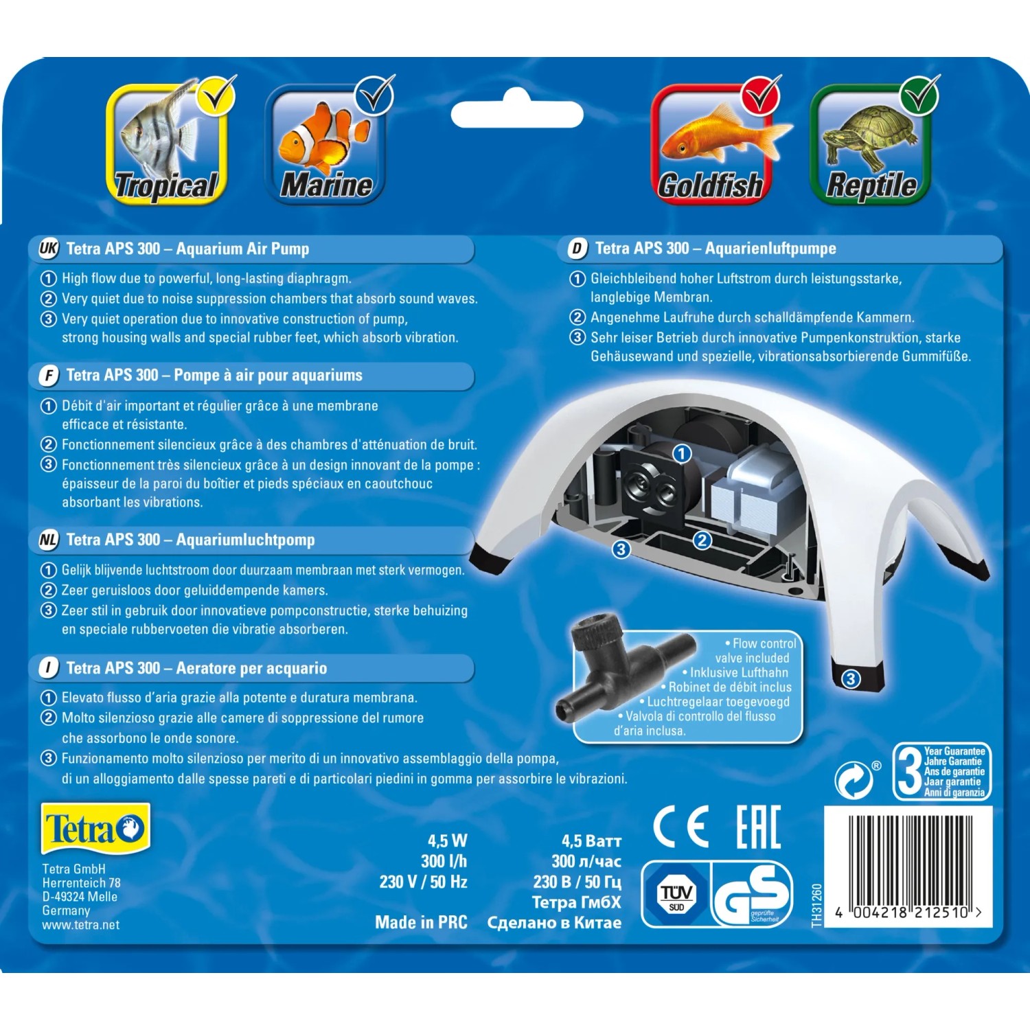 Tetra APS 300 Aquarienluftpumpe, weiß, für Aquarien von 150-300l. Leise und zuverlässig.