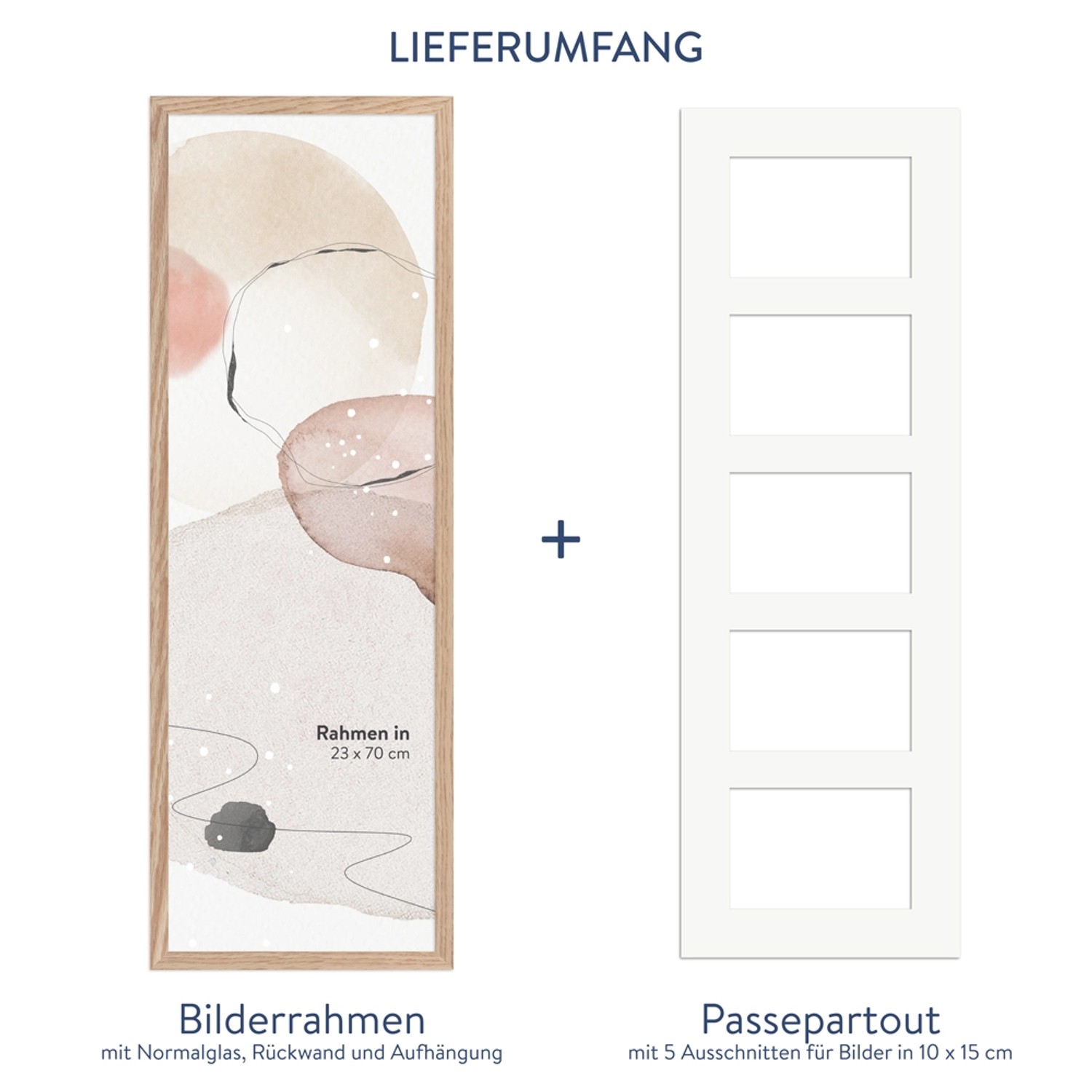 Galerierahmen Eiche-Optik für 5 Fotos (10x15 cm) mit Passepartout. Bilderrahmen für Wandmontage.