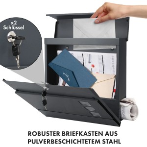 KARAT Briefkasten Jules, anthrazitfarbener Stahl Wandbriefkasten mit Zeitungsfach und Sichtfenster.