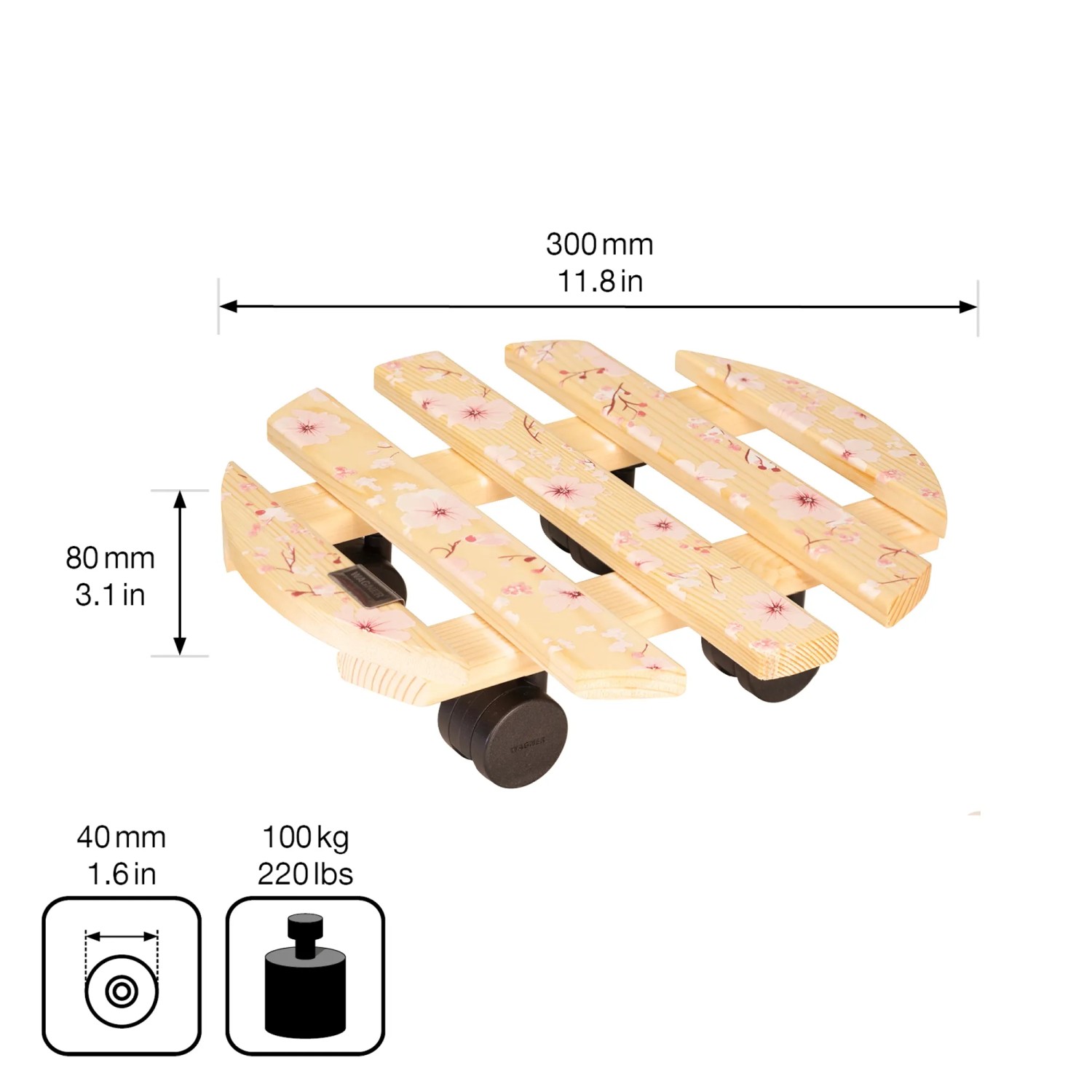 Wagner Rolluntersetzer Multi Roller GH0642 mit Kirschblütenmuster, Ø 300mm, 100kg Tragkraft.