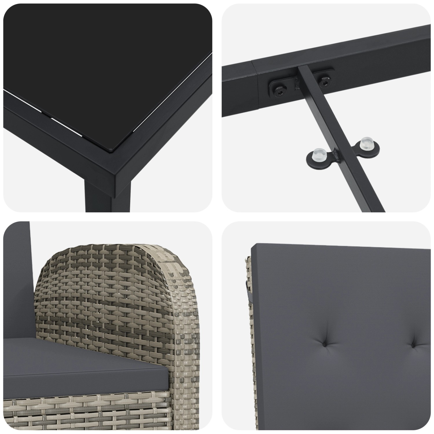 Detailansicht: vidaXL Garten Essgruppe, 5-tlg, grau, Poly Rattan, Tischplatte aus Glas, Sitzkissen, Rückenlehne.