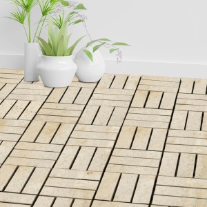 Florco Naturstein-Klickfliesen Stone Travertine, beige, verlegt auf Terrasse mit Dekoration.