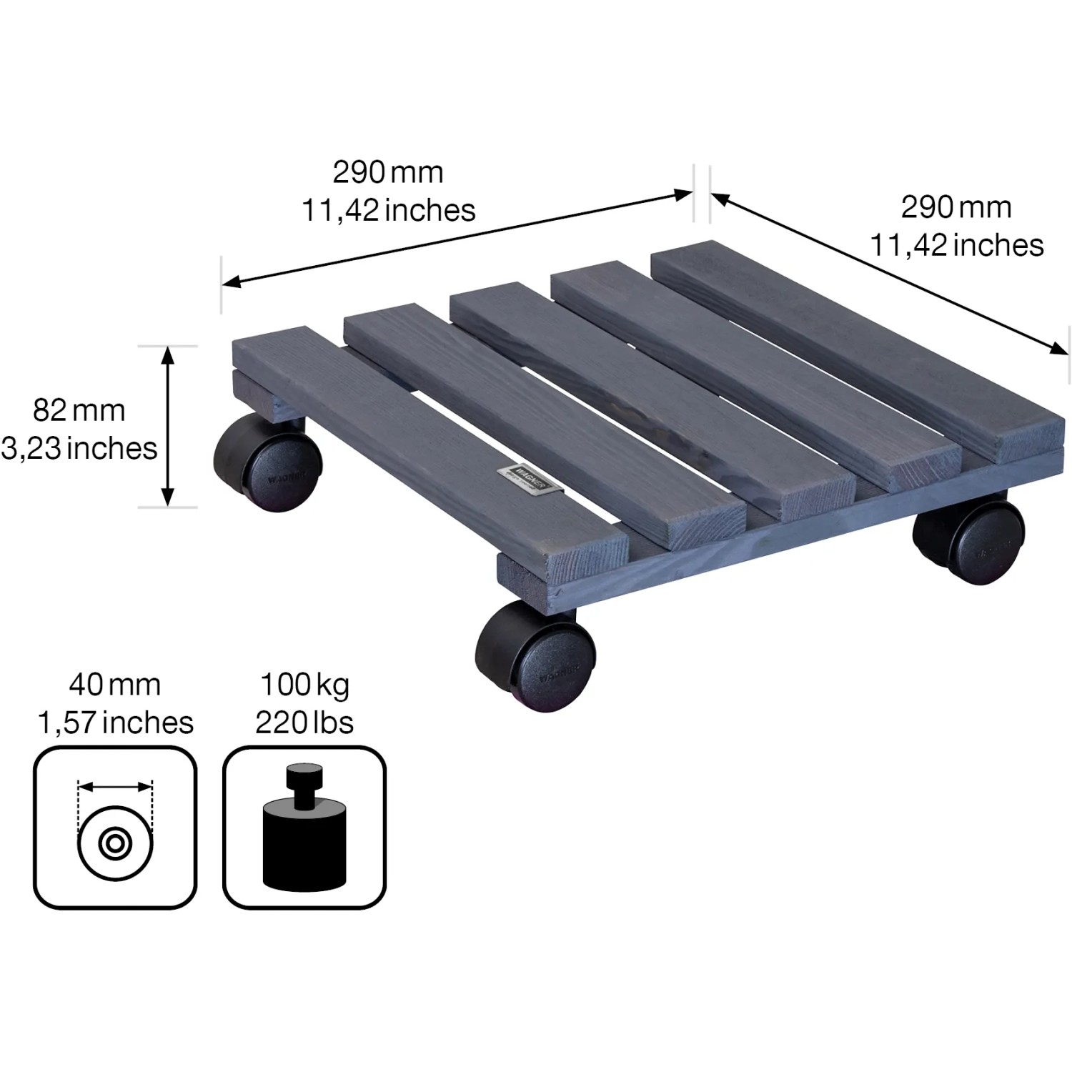 Anthrazitfarbener Pflanzenroller Nature von Wagner, 290x290 mm, mit 4 Rollen und 100 kg Tragkraft.