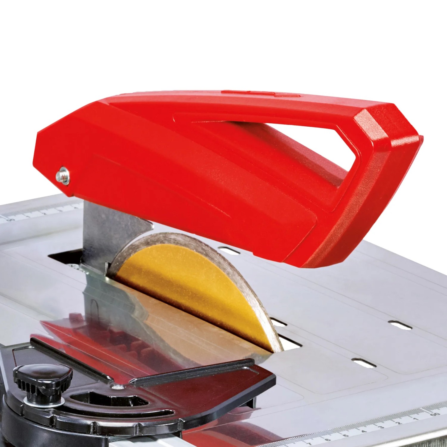 Einhell TC-TC 800 Fliesenschneidmaschine mit rotem Schutz und Diamanttrennscheibe.