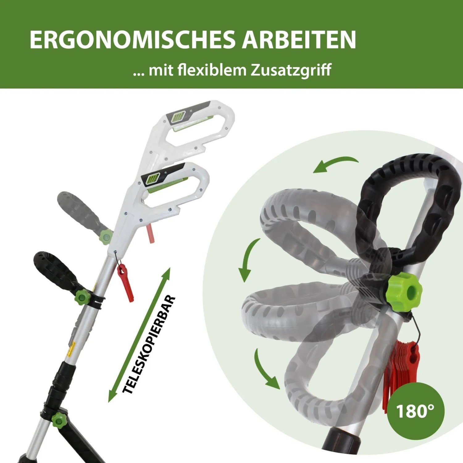 TRUTZHOLM Akku Rasentrimmer: Teleskopstiel und verstellbarer Zusatzgriff für ergonomisches Arbeiten.
