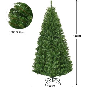Grüner künstlicher Weihnachtsbaum 180cm mit LED-Lichtern, 1000 Spitzen und stabilem Metallständer.