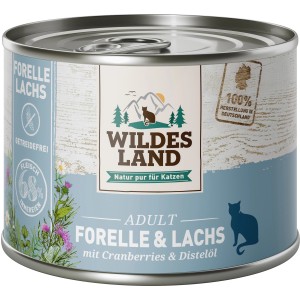 Dose Wildes Land Katzen-Nassfutter Forelle & Lachs mit Cranberries und Distelöl.
