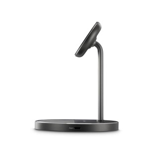 Hama Qi2 2in1-Ladestation, kabellos, induktiv, 15W, dunkelgrau. Seitliche Ansicht mit USB-C Anschluss.