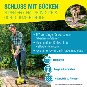 Mann nutzt Gloria Elektro-Unkrautfugenbürste zur Fugenreinigung auf der Terrasse. Gartenhandgerät mit gelbem Gehäuse.