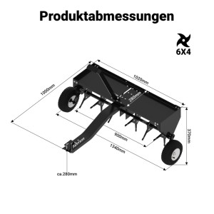 Technische Zeichnung des Wiltec Rasenlüfters für Aufsitzmäher. Schwarzer Aerifizierer mit Maßen und 90cm Arbeitsbreite.