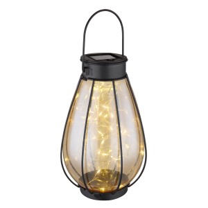 Schwarze Globo Solarleuchte aus Metall, 30 cm, mit amberfarbenem Glas und LED-Lichterkette.