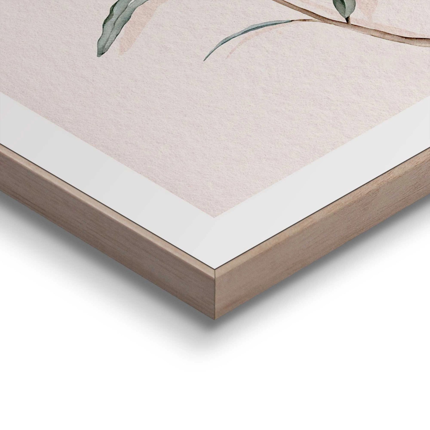 Gerahmtes Bild Circle Olives, 40x30 cm, grüne Blätter auf beigem Grund. Wanddeko für Wohnzimmer.