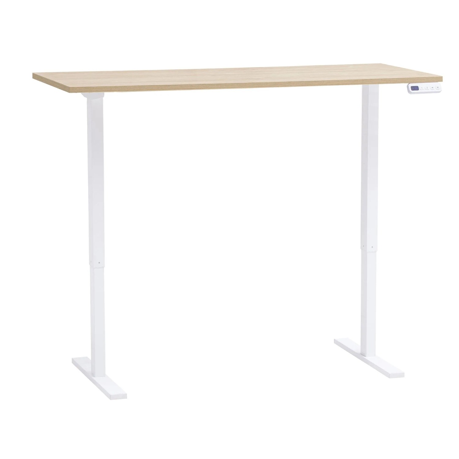 Elektrisch höhenverstellbarer Schildmeyer Arezzo Schreibtisch Eiche mit weißem Metallgestell und Bedienfeld.