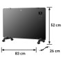 Glaspanel-Heizer mit Rollen, digitale Anzeige und Maßangaben (Höhe 52cm, Breite 83cm, Tiefe 26cm).