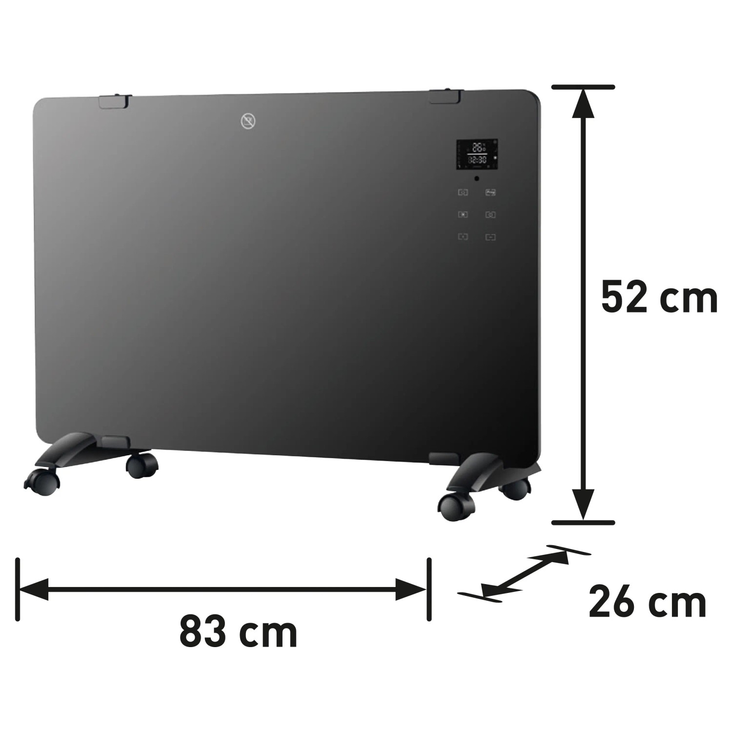 Glaspanel-Heizer mit Rollen, digitale Anzeige und Maßangaben (Höhe 52cm, Breite 83cm, Tiefe 26cm).